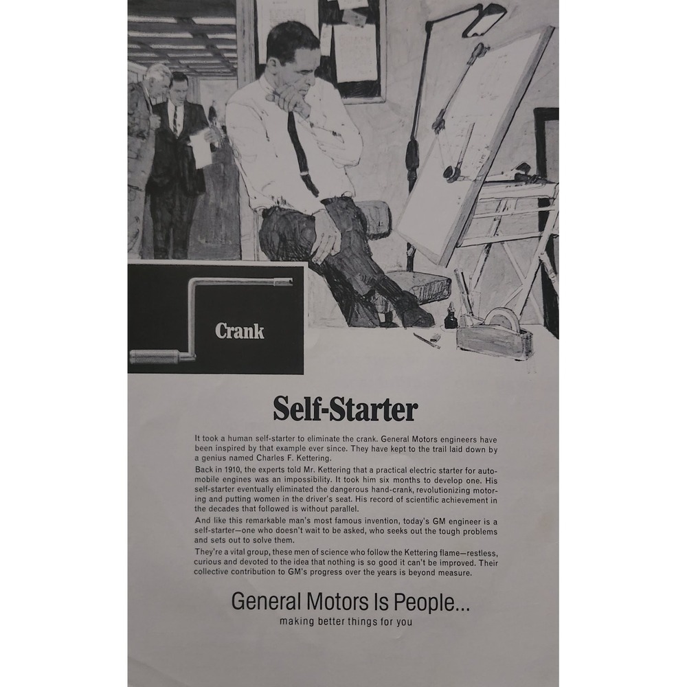 Vintage 1966 General Motors GM Magazine Ad Self-Starter Charles Kettering Art